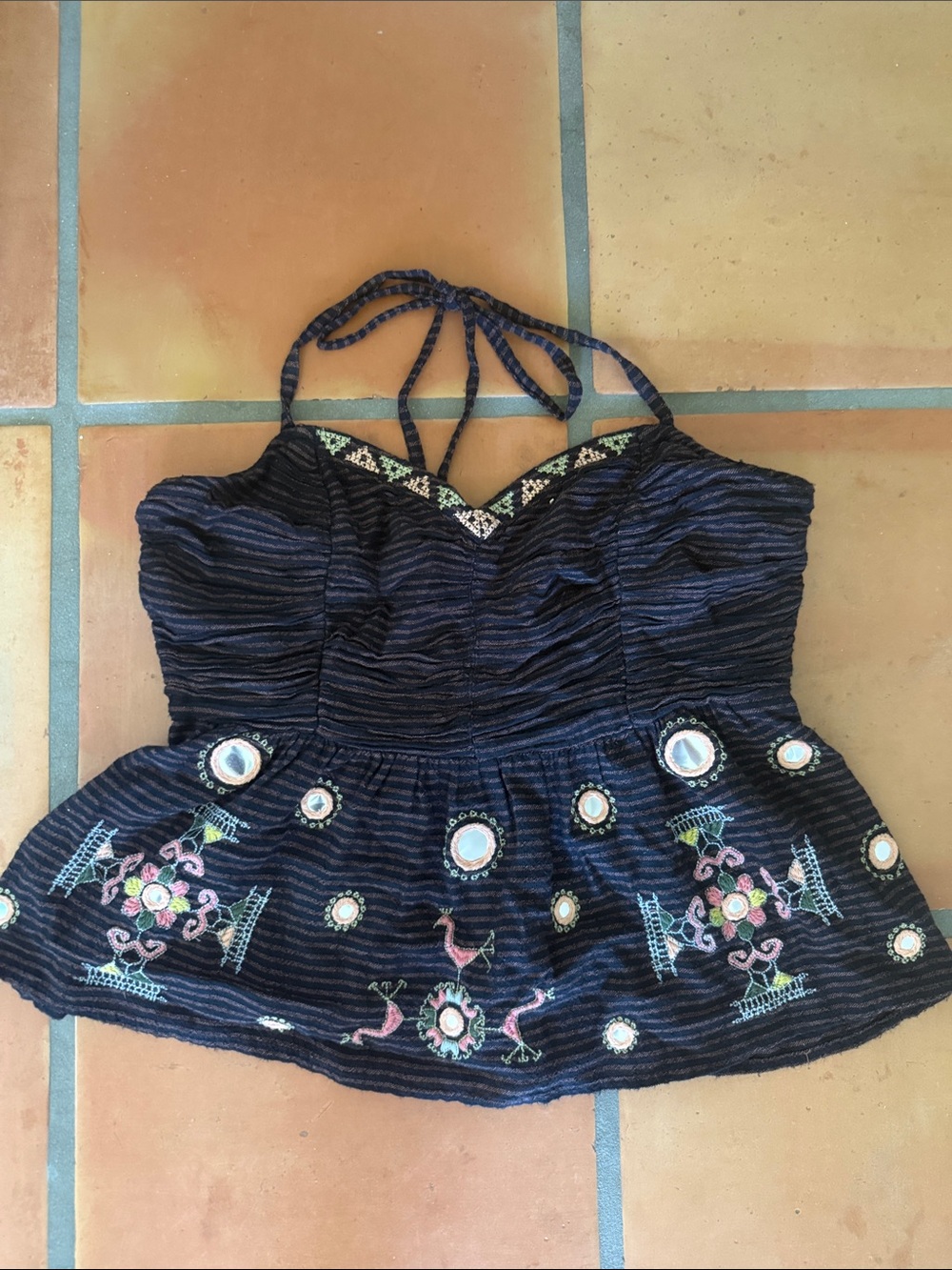 Free People Navy Embroidered Halter Peplum Tank